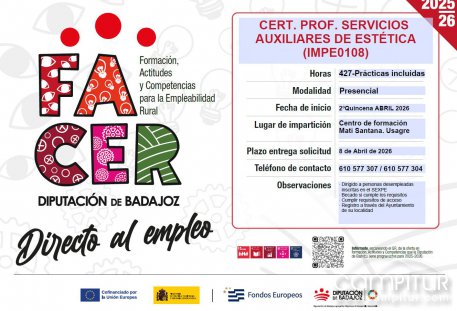 Usagre oferta un Certificado Profesional en Servicios Auxiliares de Estética con 427 horas y prácticas incluidas